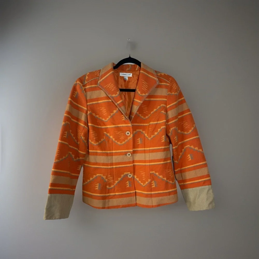 Coldwater Creek Southwestern Aztec Blazer Jacket 10 Coat Coral Orange Gray Lined